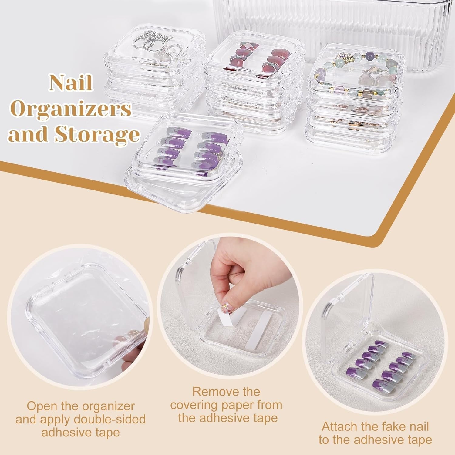 Set de cutii pentru depozitarea unghiilor INMORVEN – 14 cutii transparente pentru unghii + 1 cutie mare și 60 de discuri adezive – Ideal pentru depozitarea unghiilor false, accesoriilor pentru unghii cu gel și ojei (14 bucăți într-un singur strat)