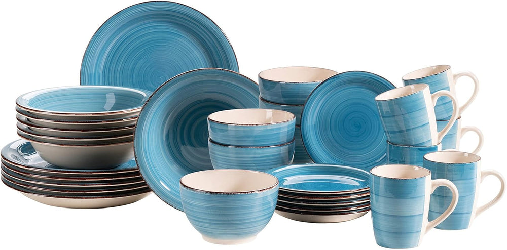 MÄSER 931612 Bel Tempo II 30-Teiliges Vintage Geschirr Set Für 6 Personen, Handbemaltes Keramik Kombiservice in Blau, Steingut, Rauchblau Tableware Sets Naty Shop Blau