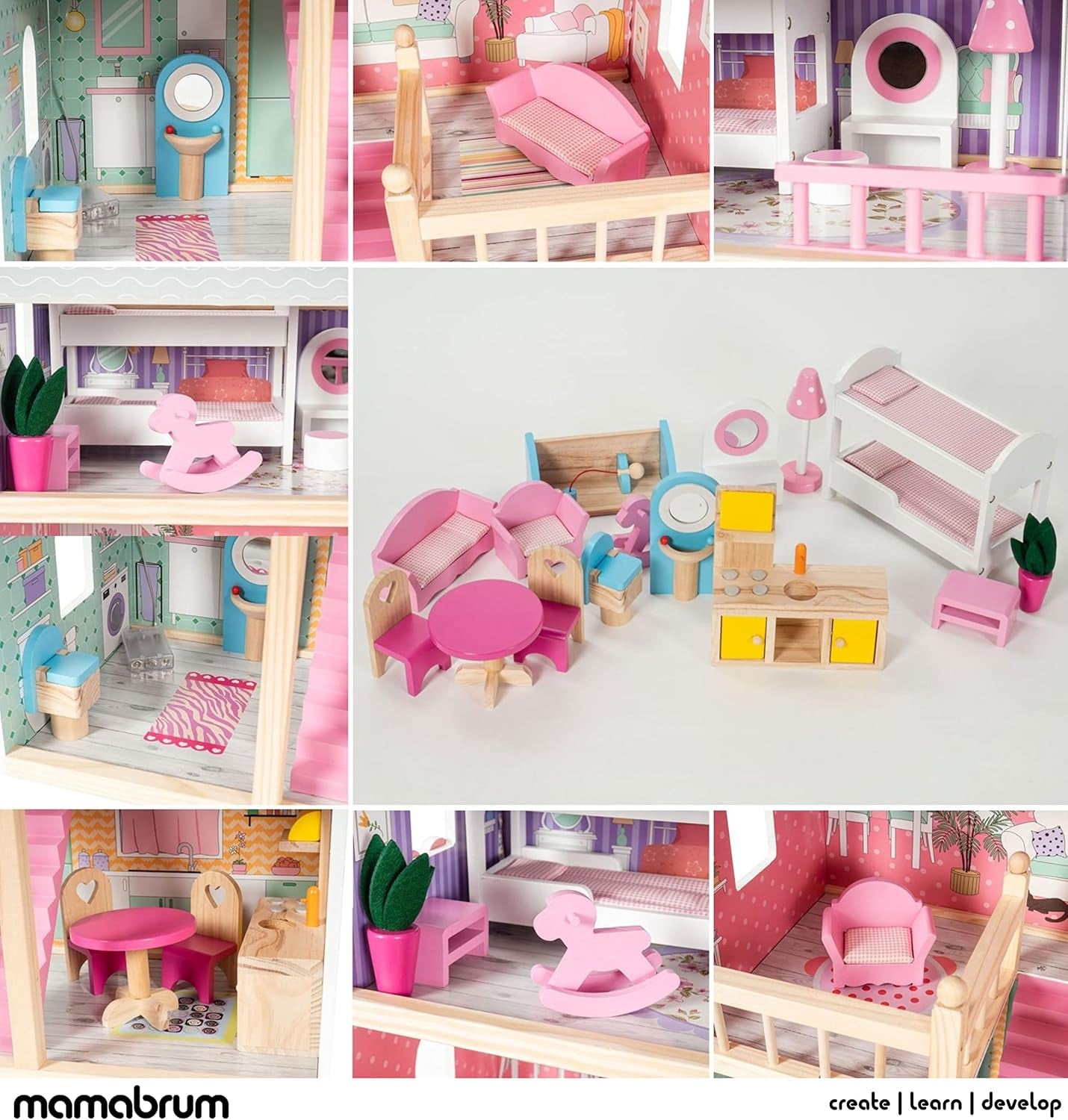 A405 LED-beleuchtetes Puppenhaus – 3 Etagen und Möbelset – Spielhaus aus Holz inklusive Zubehör: Küche, Badezimmer, Schlafzimmer – Geschenk für Mädchen ab 3 Jahren. Puppenhäuser Naty Shop