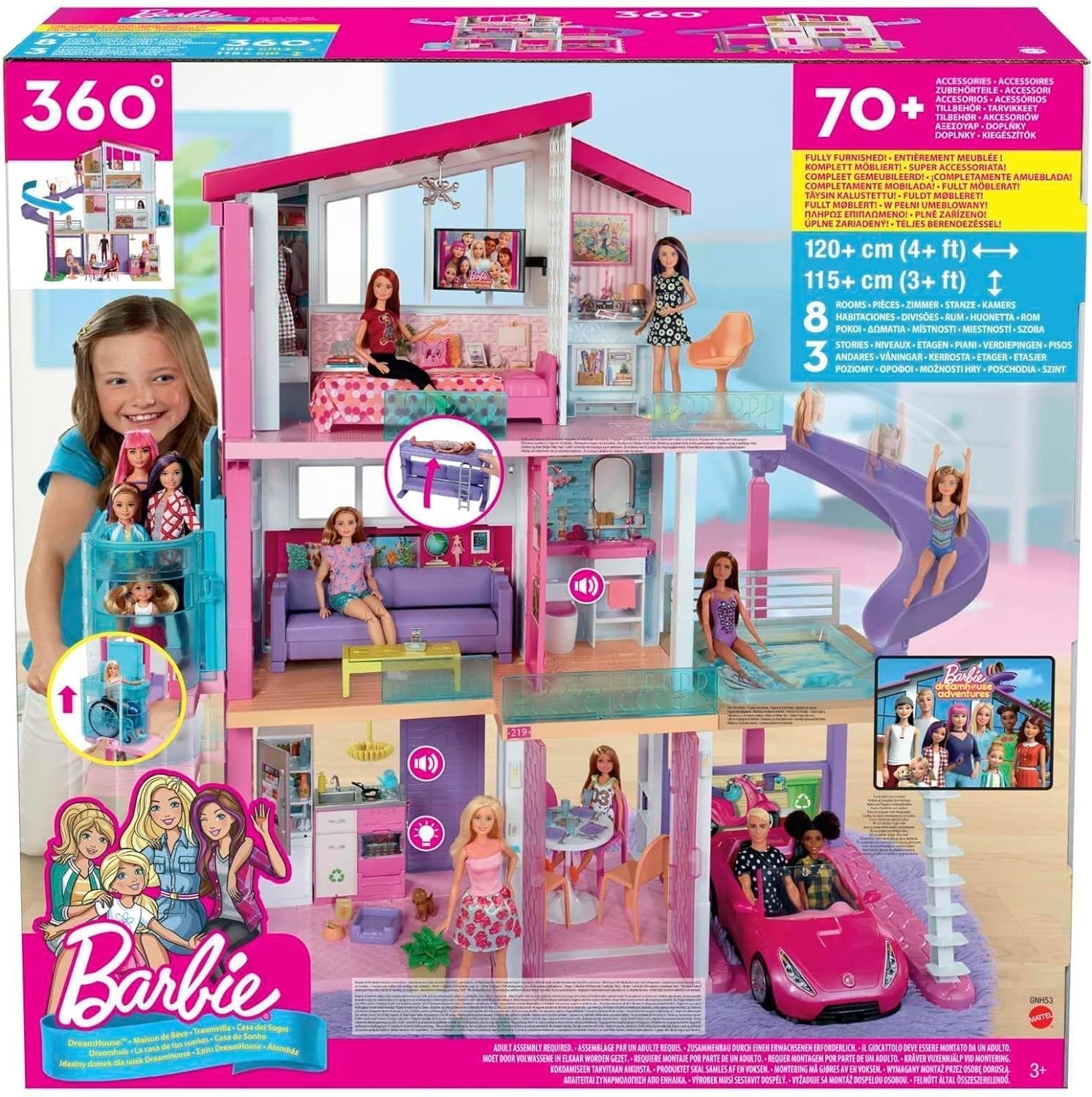 Barbie-Puppenhaus, Traumvilla-Puppe, komplett möbliert, 3 Etagen, 8 Zimmer inklusive Pool, Rutsche und Aufzug, 70 Zubehörteile, Spielzeug ab 3 Jahren, GNH53 Naty Shop Puppenhäuser