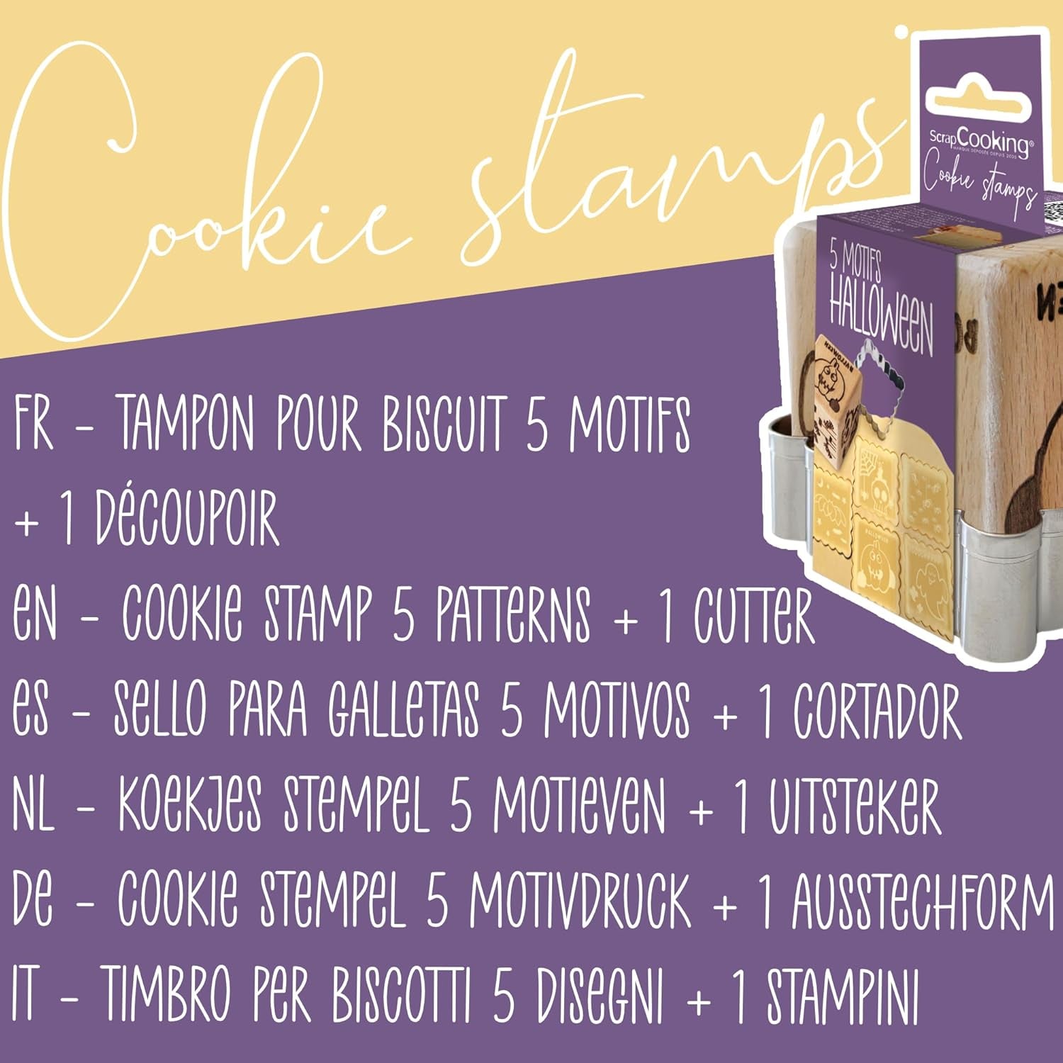 ScrapCooking – Ștampilă din lemn pentru patiserie cu modele de Halloween – cu 1 formă de biscuiți și formă de cub cu 5 fețe gravate în relief – 5298