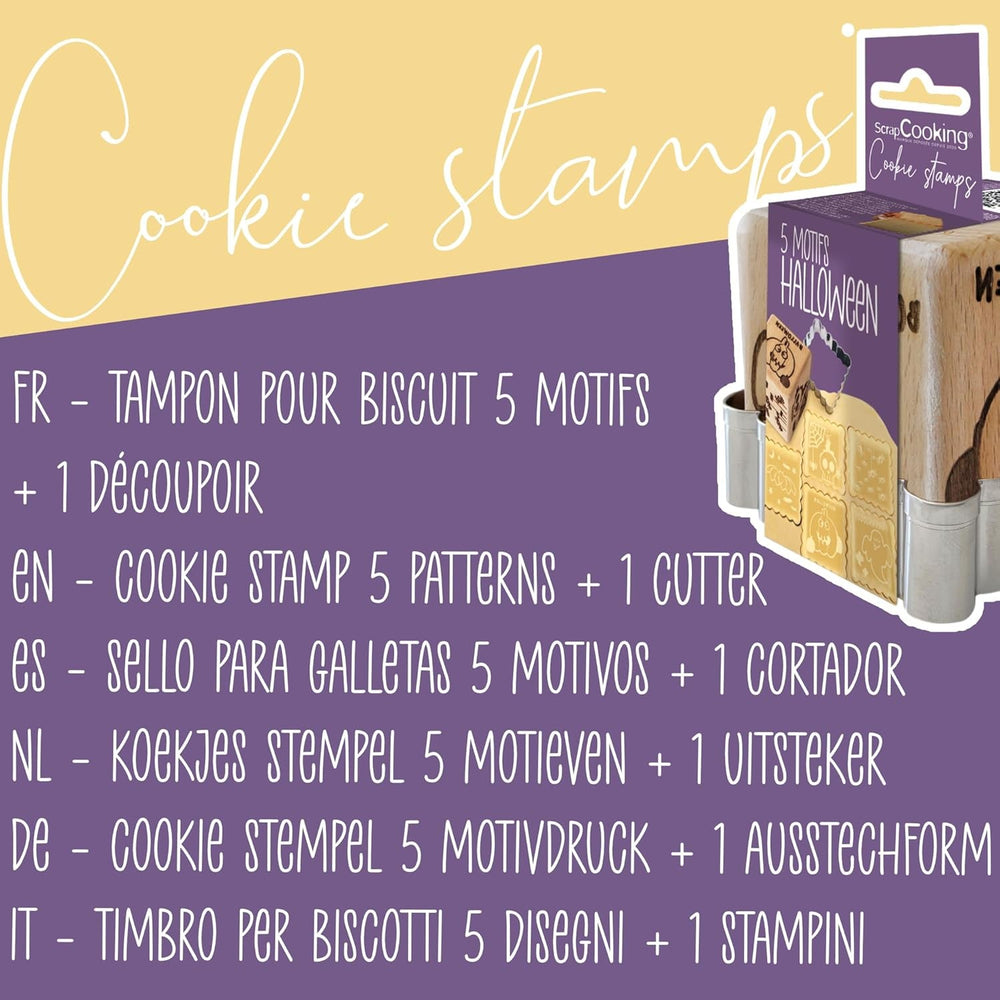 ScrapCooking – Ștampilă din lemn pentru patiserie cu modele de Halloween – cu 1 formă de biscuiți și formă de cub cu 5 fețe gravate în relief – 5298