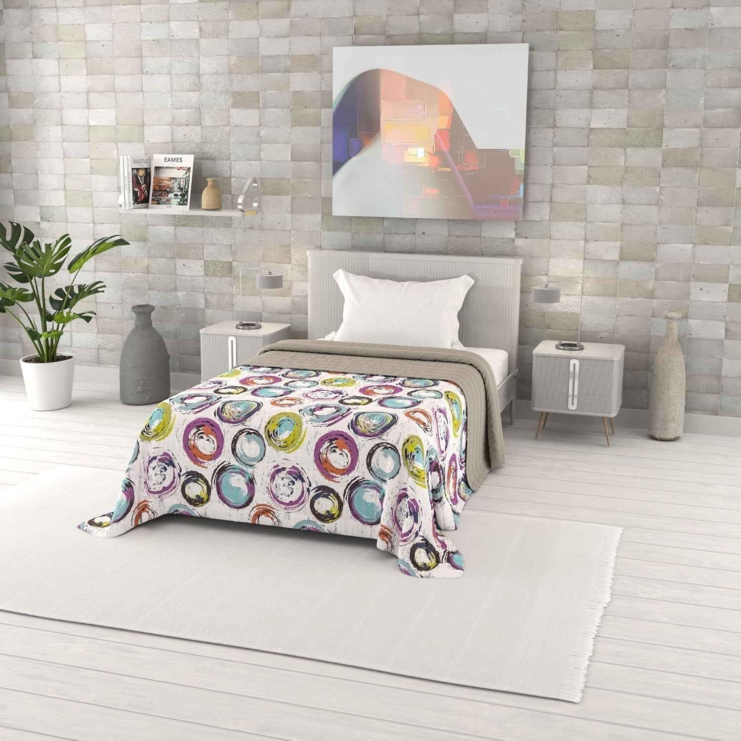 Cuvertură de vară imprimată Fantasy, umplutură din poliester, Petali, 260X270Cm Plapumi si pilote Naty Shop Cerchi Astratti 170X270Cm