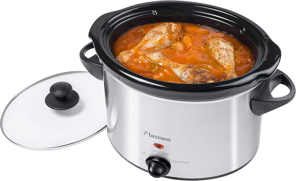 Bestron slow cooker cu tigaie ceramică și capac din sticlă, termostat cu 3 niveluri, ideal pentru multe feluri de mâncare, cum ar fi carne, supe și legume, 3,5 litri, culoare: argintiu Slow Cooker Naty Shop
