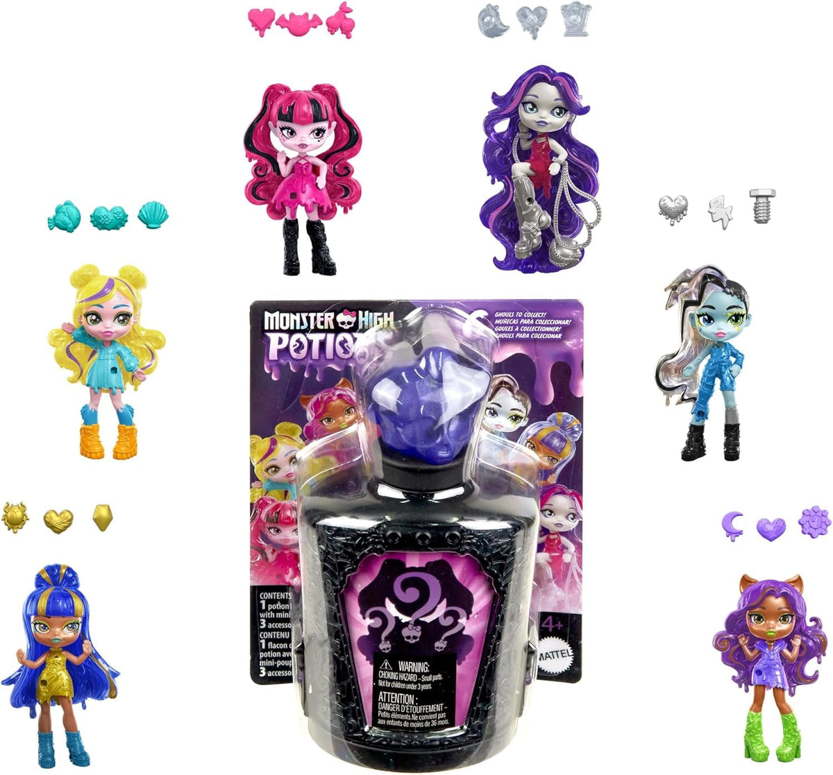 Monster High Zaubertränke Kristallkugel-Minipuppen, ca. 8 cm große Überraschungsfiguren mit Water Reveal, Talismanen und Schicksalskarte (Figuren können abweichen), JCX99