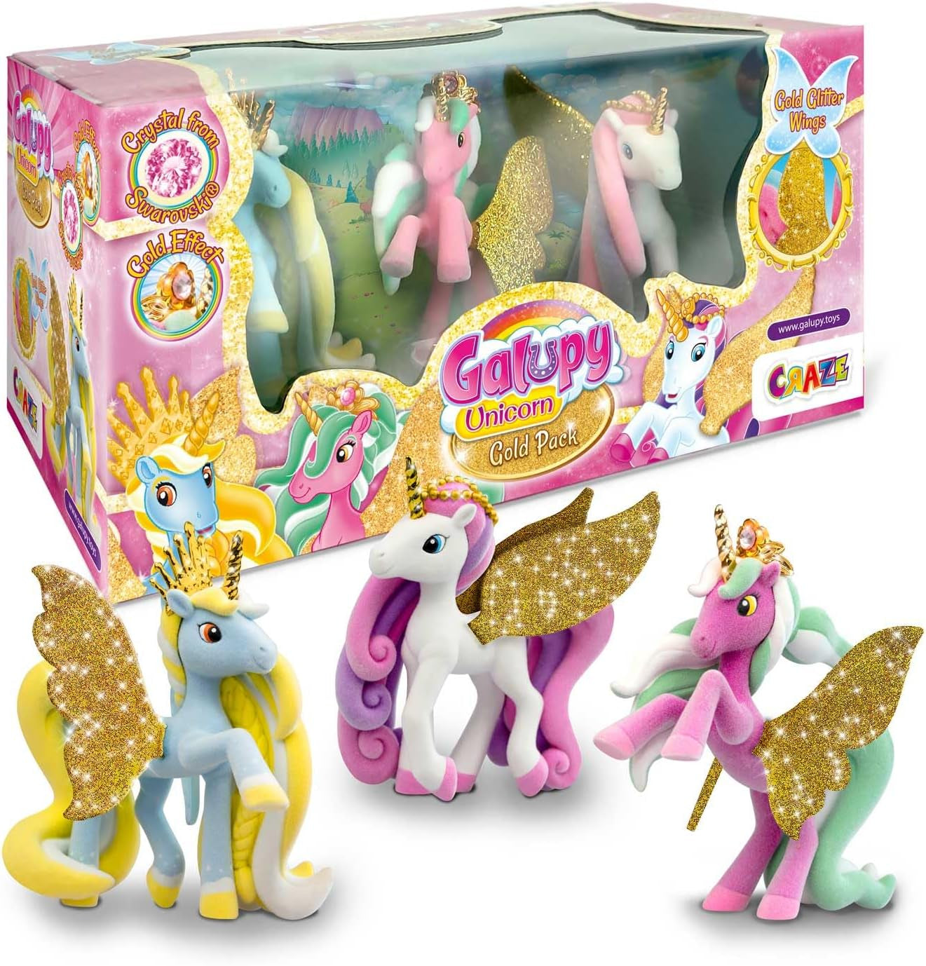 Galupy Einhorn – 3er-Pack Einhornfiguren, Einhornspielzeug zum Sammeln, Sparkly Wings Ponyfiguren und Swarovski-Kristall-Actionfiguren. Naty Shop Galupy Gold Edition Pochette_3