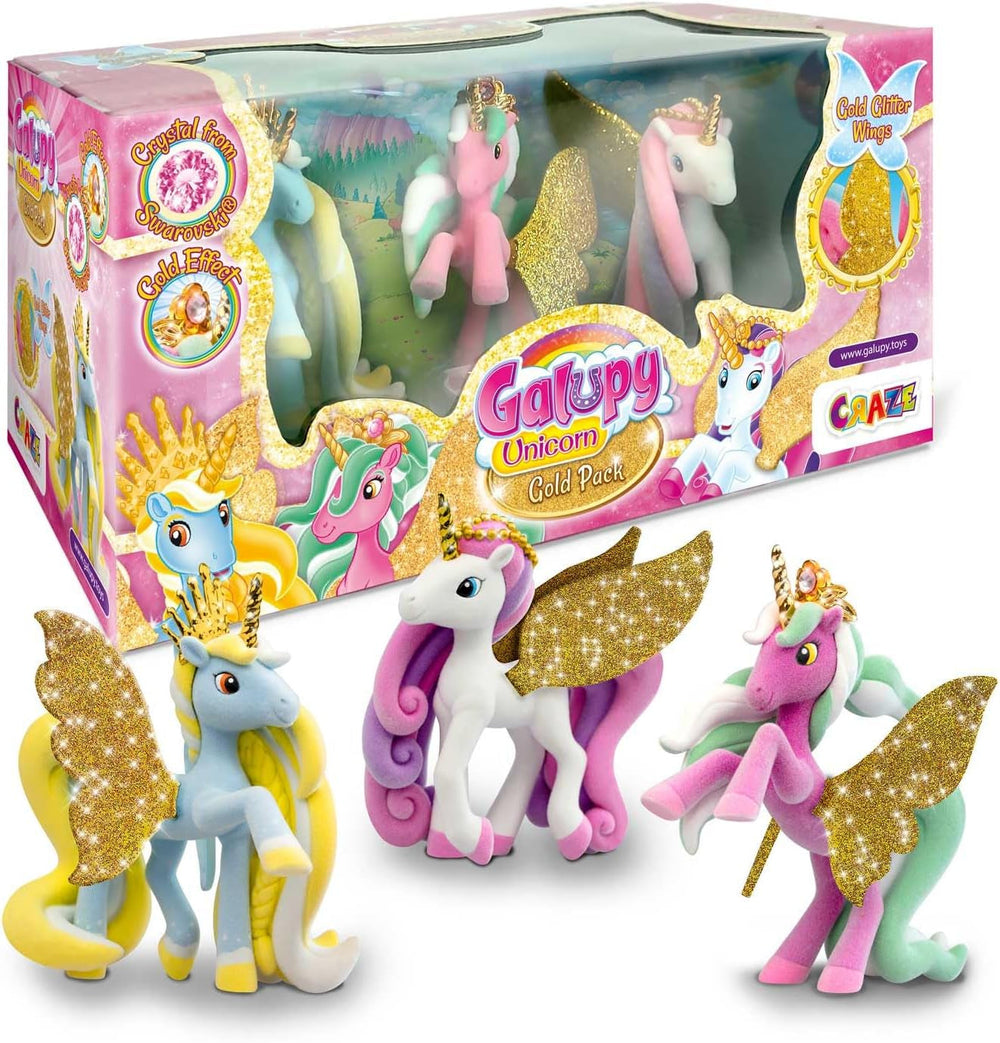 Galupy Einhorn – 3er-Pack Einhornfiguren, Einhornspielzeug zum Sammeln, Sparkly Wings Ponyfiguren und Swarovski-Kristall-Actionfiguren. Naty Shop Galupy Gold Edition Pochette_3