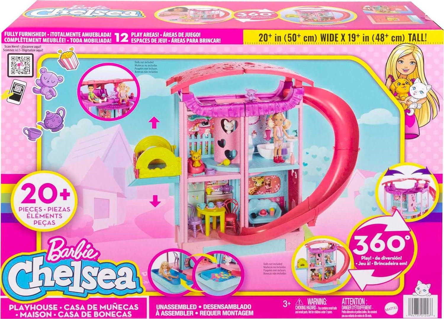 Căsuța de joacă Barbie Chelsea - 3 etaje cu funcție de transformare, zone de joacă secrete, lift, piscină, tobogan, 2 animale de companie și peste 20 de accesorii, pentru copii de la 3 ani în sus, HHX44