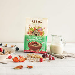 Terci de smochine și zmeură Allos neîndulcit | Terci fără zahăr | Muesli organic | Muesli cu fructe | Fulgi de ovăz | Terci de mic dejun | Cereale pentru micul dejun | Vegan | Pachet de 6 (6 x 500g)