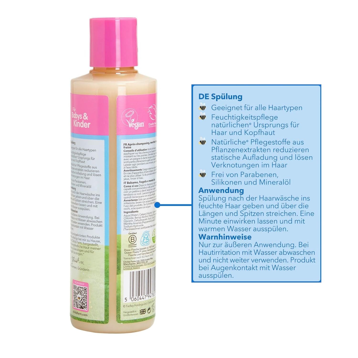 Balsam Childs Farm pentru copii 250 ml | Căpșuni și mentă organică | Toate tipurile de păr | Hrănește și hrănește | Potrivit pentru pielea uscată, sensibilă și predispusă la neurodermatită Copii - Baie si Skincare Naty Shop