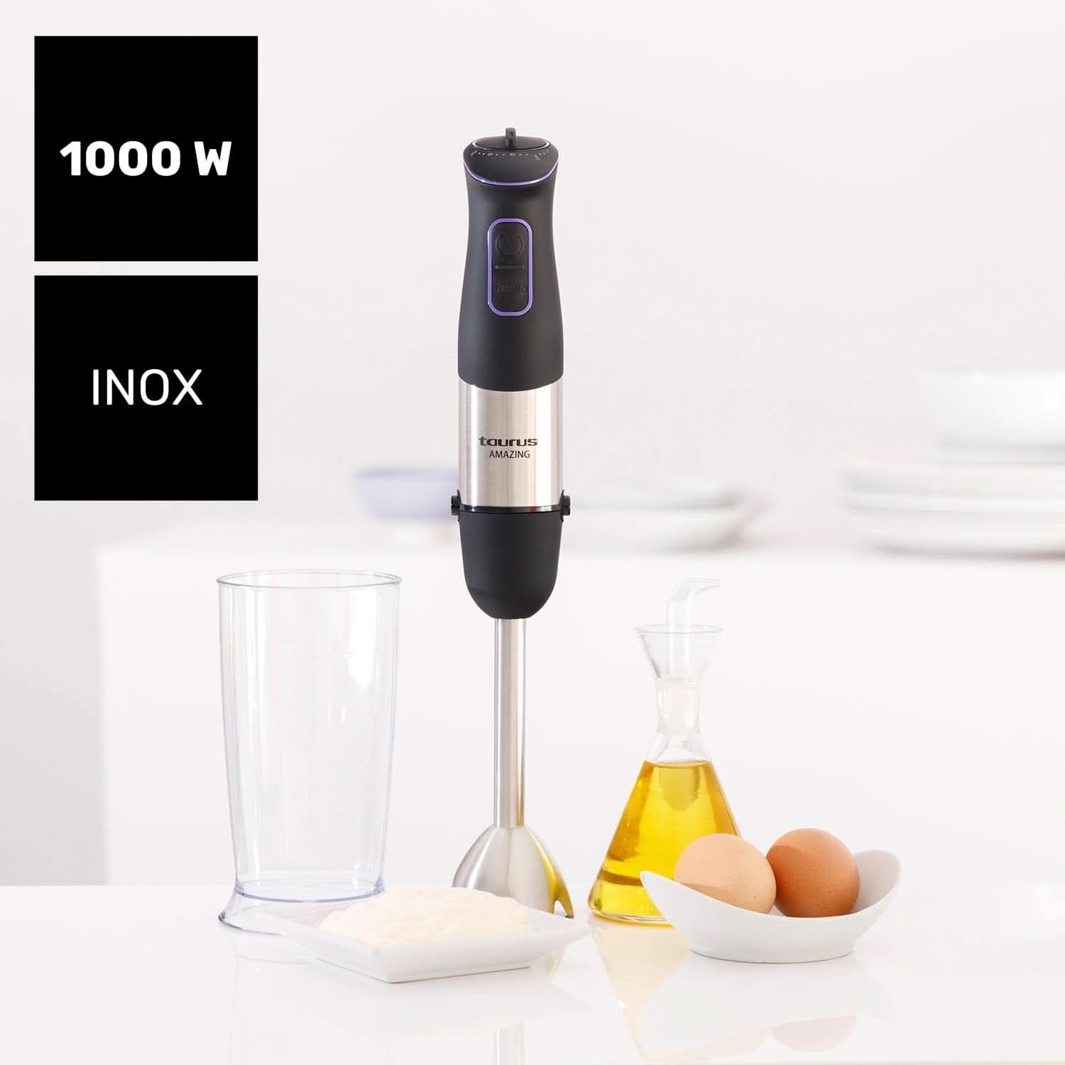 Taurus Standmixer 1000W | 20 Geschwindigkeitsstufen | Turbofunktion | 4 Edelstahlklingen | Ergonomisches Soft-Touch-Design | Spritzschutz | Zubehör | Edelstahl | Elektrisch |Kunststoff, Silber/Schwarz Mutter und Kind Naty Shop