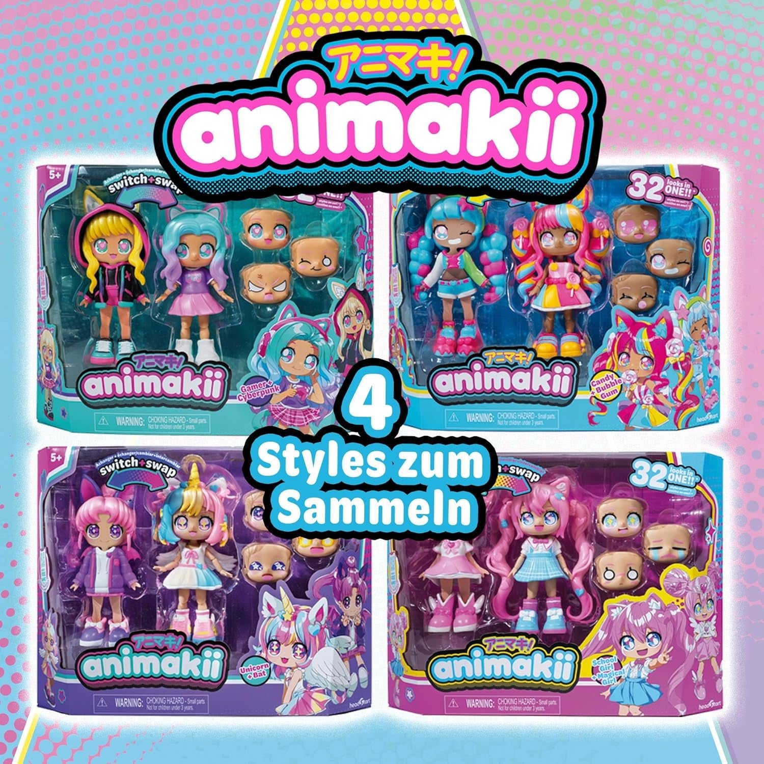 BANDAI - Animakii Einhorn und Fledermaus - Set Personalisierbare Puppen - 1 Puppe, 4 Gesichter, 2 Frisuren, 2 Outfits, 2 Paar Schuhe - Kreatives Spielzeug ab 5 Jahren - HEA26348