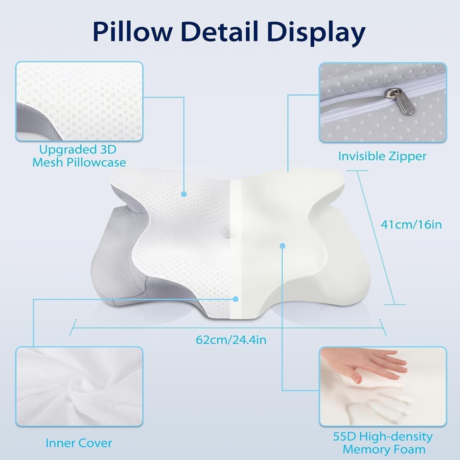 HOMCA Neck Pillow Pillow, Memory Foam Ergonomic Pillow 3D Cooling Pillow Cover For Supine, Side or Prone Position, 62 X 41 X 9.5/12.5 Cm Perne ortopedice cervicale Naty Shop