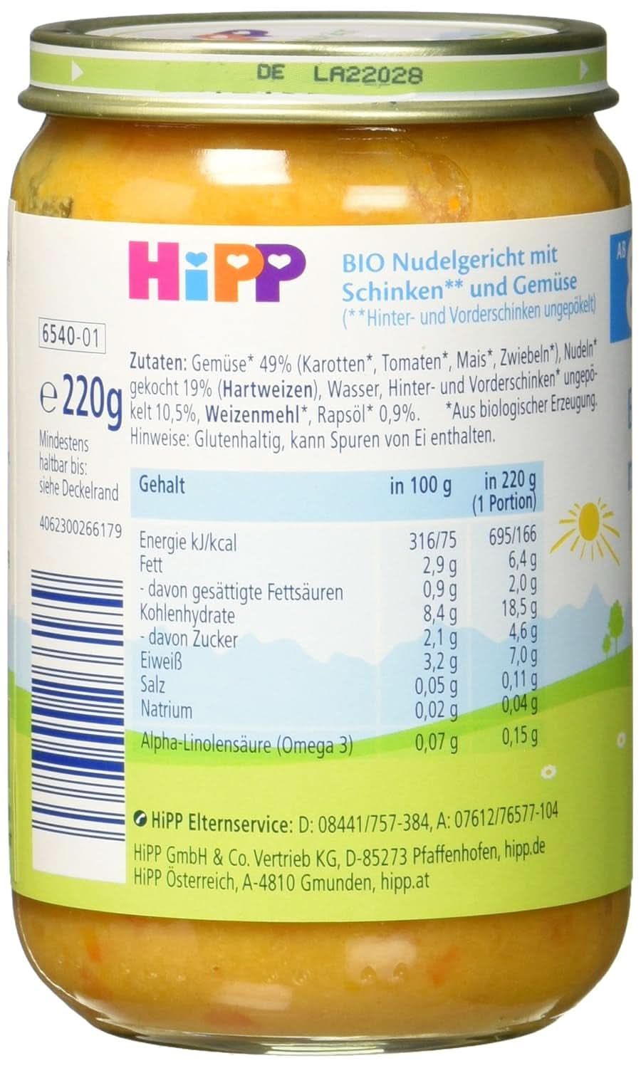 Hipp Bio-Nudeln mit Schinken und Gemüse, 6er Pack (6 x 220 Gramm) Mutter und Kind Naty Shop
