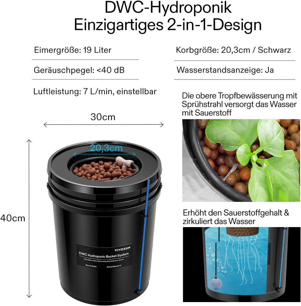 VIVOSUN DWC Hydrokultur Anbausystem mit Topf-Tropfkit, 5-Gallonen Tiefwasserkultur, Umwälz-Tropfgartensystem mit Mehrzweck-Luftschlauch, 8W Luftpumpe und Luftstein (1 Eimer + Top-Drip-Kit)