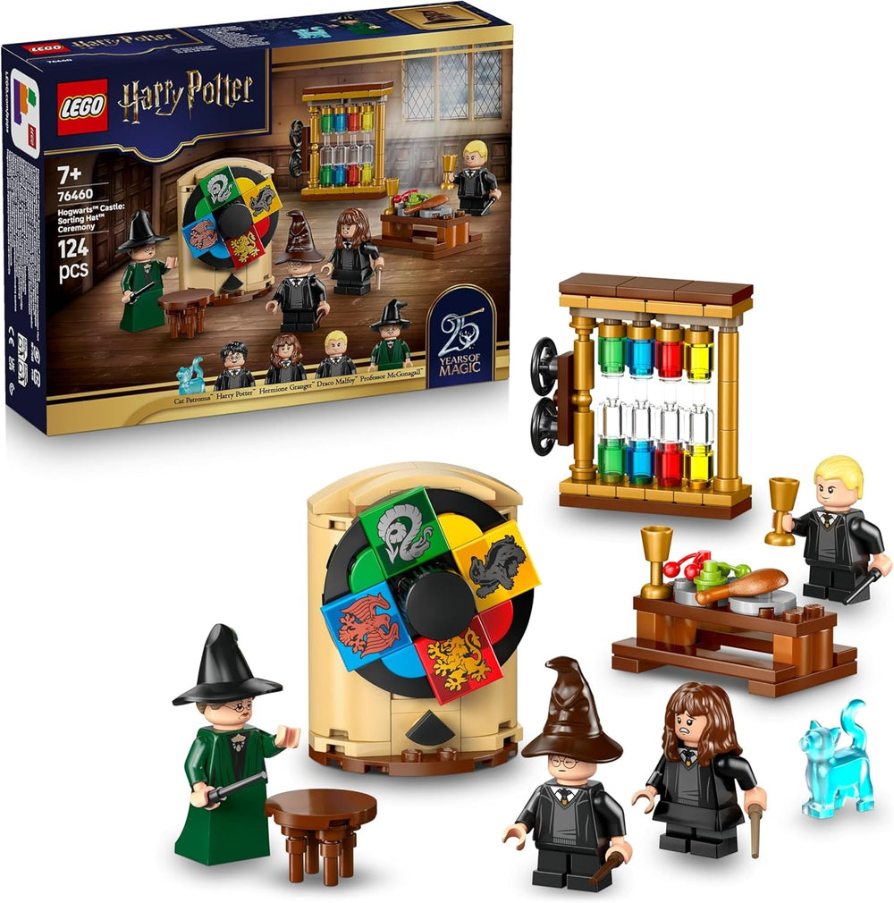 LEGO Harry Potter Schloss Hogwarts: Auswahlzeremonie mit dem Sprechenden Hut - Patronus, Hermine und Draco Malfo Minifiguren mit Zauberstäben, Spinnrad - Geschenk für Kinder ab 7 Jahren - 76460