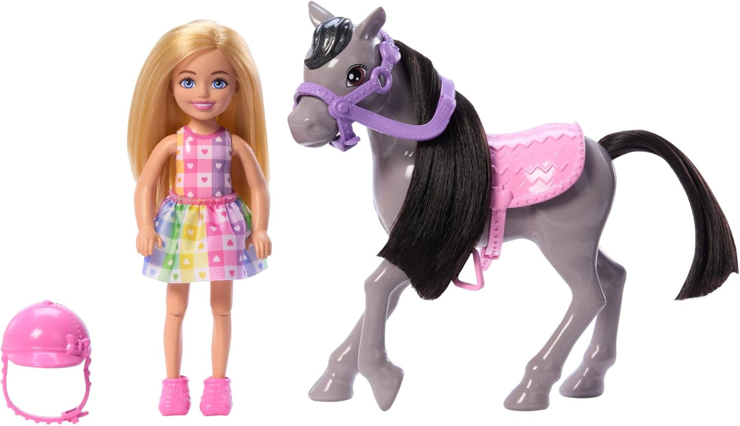 Barbie Chelsea And Pony Păpușă și ponei - încalecă în timpul jocului pentru a sta în siguranță pe cal, șa roz și tije, include cască și rochie drăguță în carouri, pentru copii de la 3 ani, HTK29 Papusi Naty Shop
