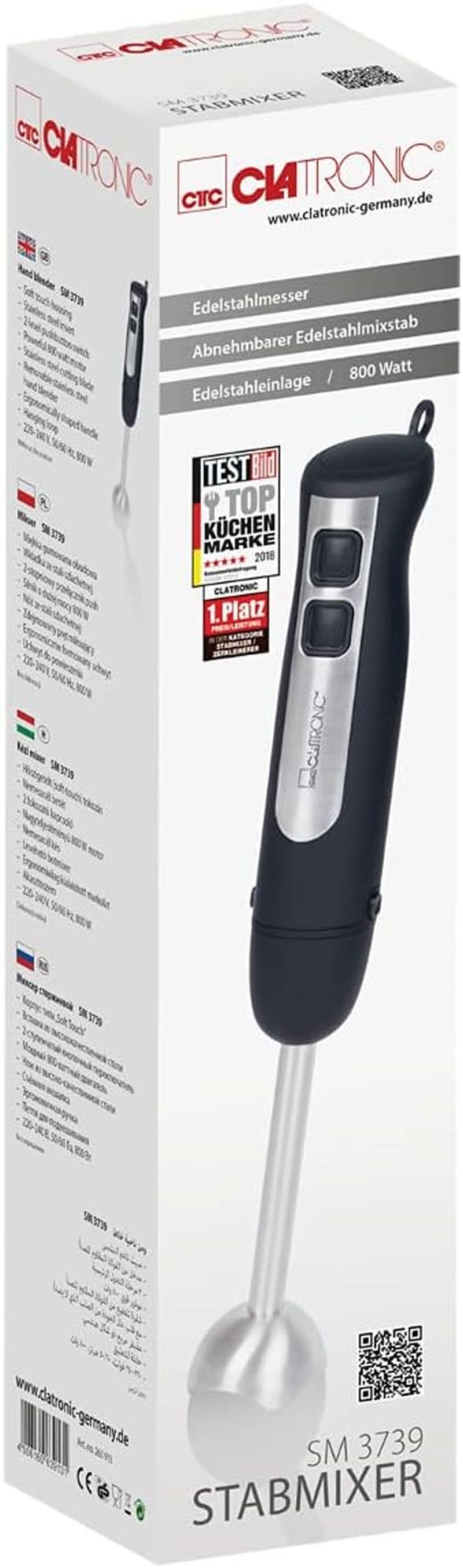 Clatronic Stabmixer SM 3739 Pürierstab, Handmixer, Mixer Für Smoothie, Shakes, 2 Stufen-Schalter, Multizerkleinerer, Edelstahl-Stab Und Messer, Aufhängeöse, 800 Watt Motor, Schwarz-Edelstahl Mutter und Kind Naty Shop