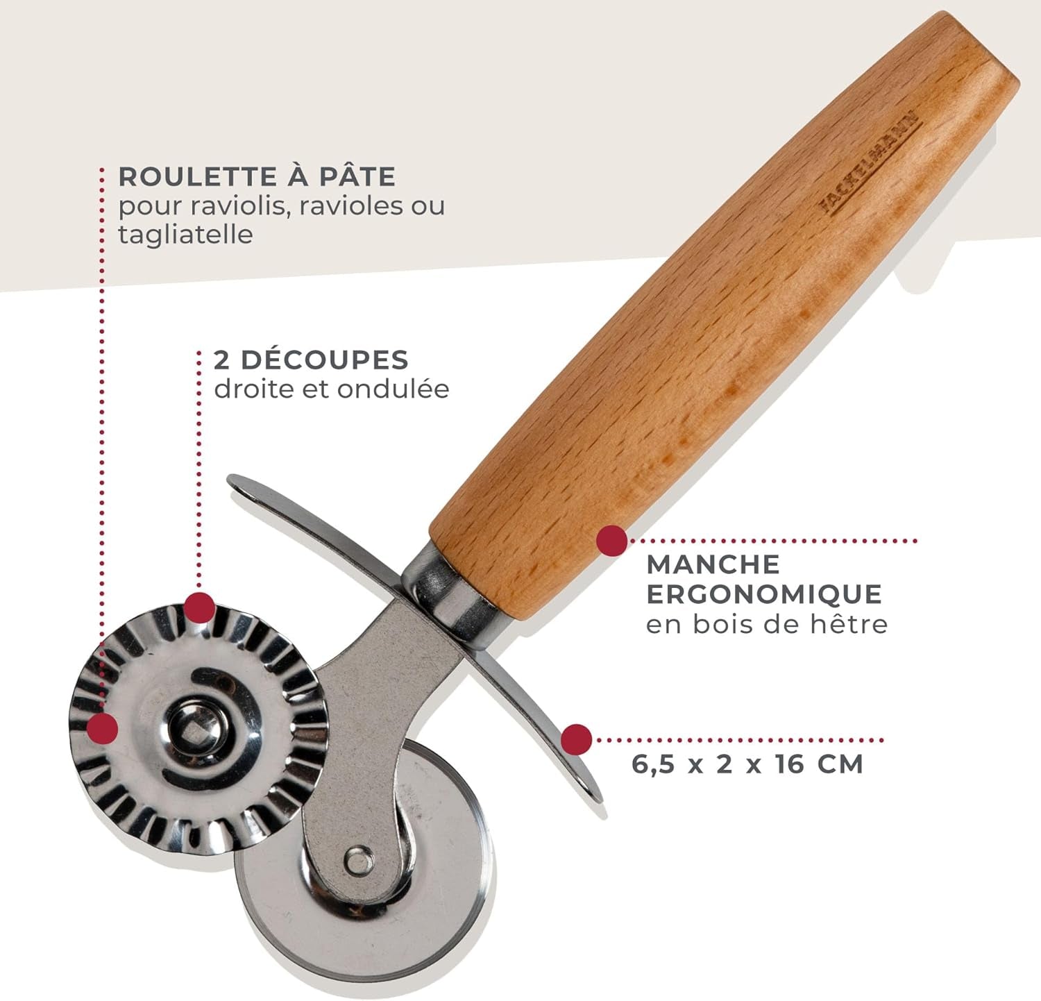 Roată de patiserie Fackelmann pentru ravioli, Maultaschen sau fursecuri – roată de patiserie din oțel inoxidabil cu aliaj de zinc – pentru paste de casă – mâner ergonomic din lemn de fag