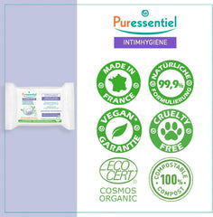 Puressentiel - Igienă intimă - Șervețele intime - Curățare și reîmprospătare - Mucoase și piele sensibile - Hidratare de lungă durată 24 de ore - Pentru uz zilnic - X25 buc.