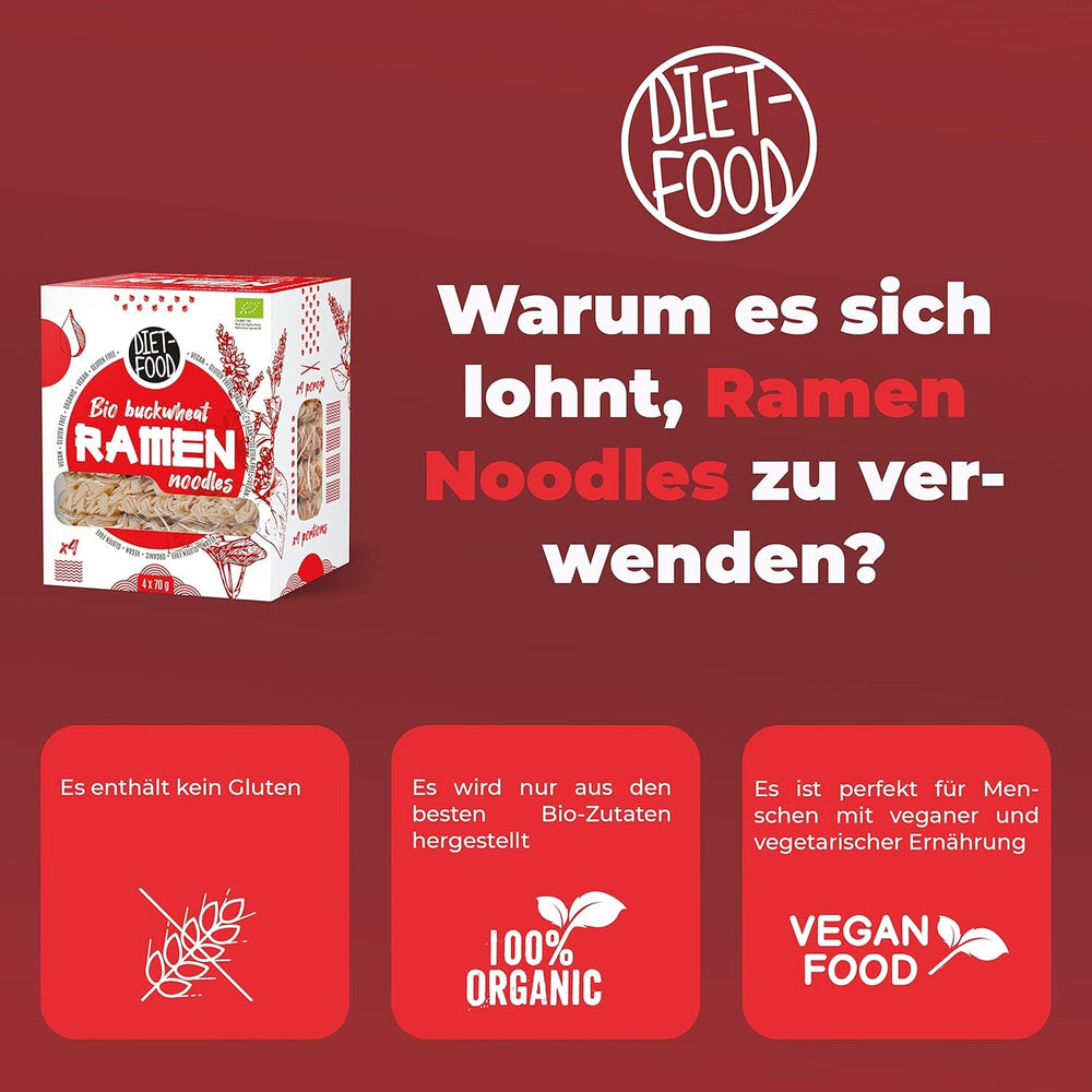 DIET-FOOD Tăiței ramen organici din hrișcă, hrană vegetariană și vegană, fără grăsimi, fără soia, fără gluten, tăiței dietetici solubili în apă, conținut scăzut de calorii, 280 g