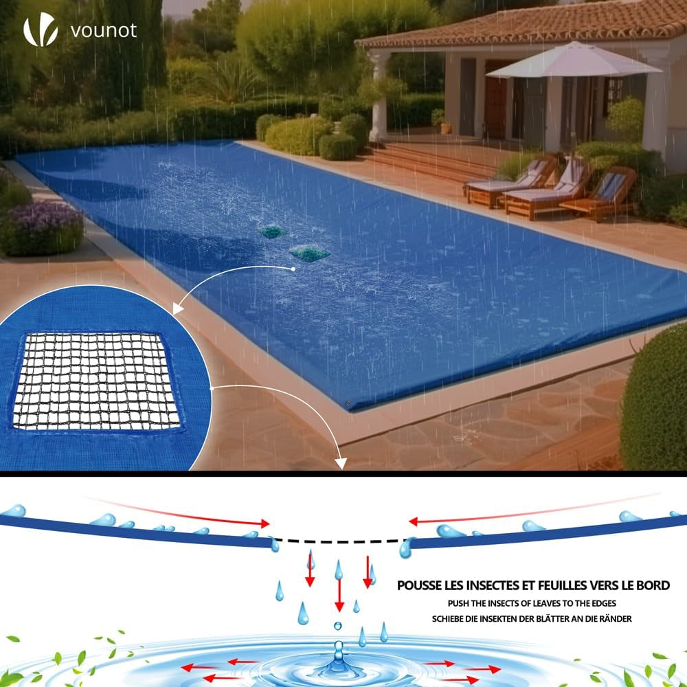 Prelată de piscină dreptunghiulară VOUNOT, prelată de piscină din polietilenă 160 g/m² cu plasă de drenaj, prelată de piscină cu strat dublu, impermeabilă, rezistentă la mucegai, rezistentă la rupere cu inele de aluminiu, 4 x 8 m, albastră