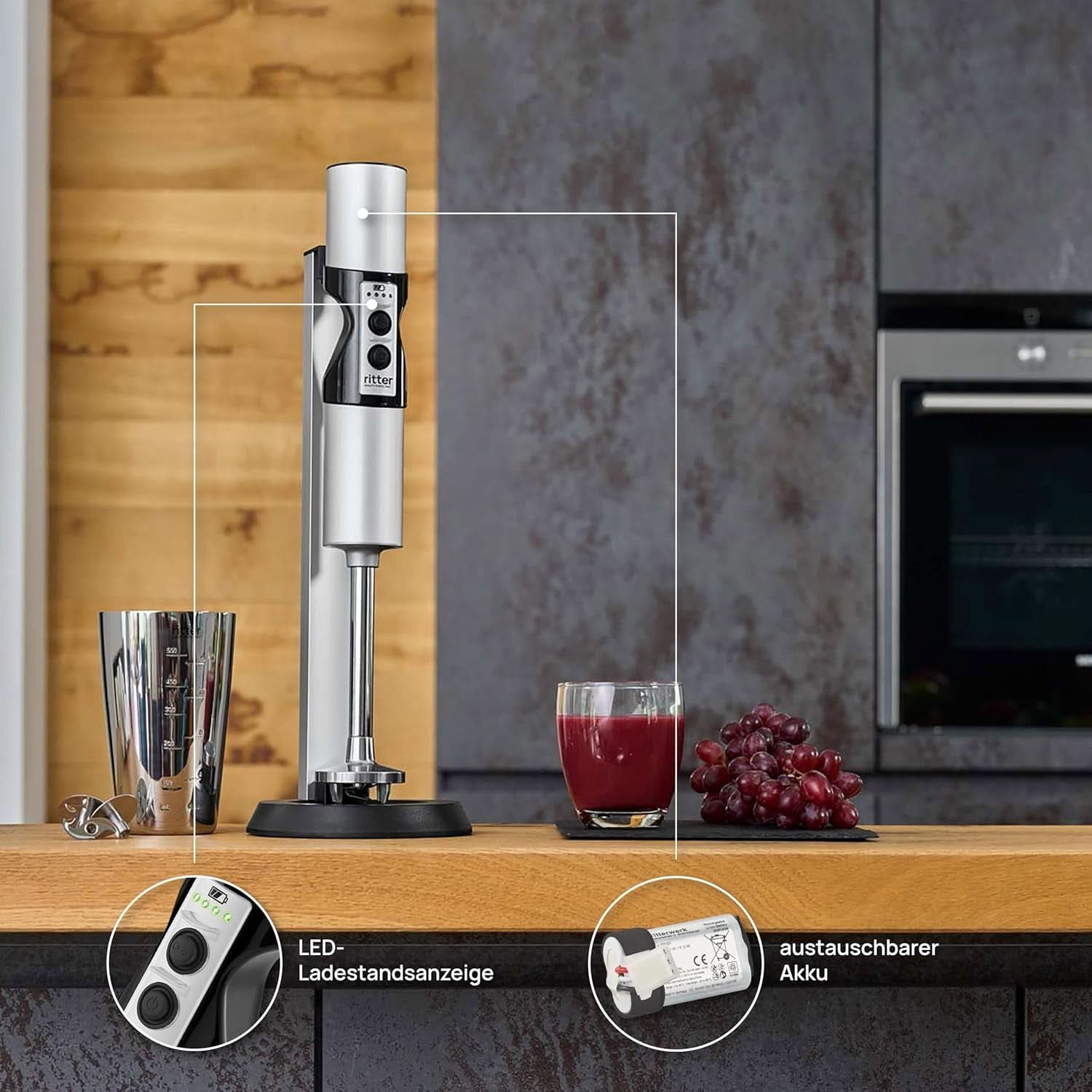 Ritter Stilo 7 plus Kabelloser Stabmixer, Pürierstab Mit Akku Aus Vollmetall, Made in Germany, Silber Bucatarie Naty Shop