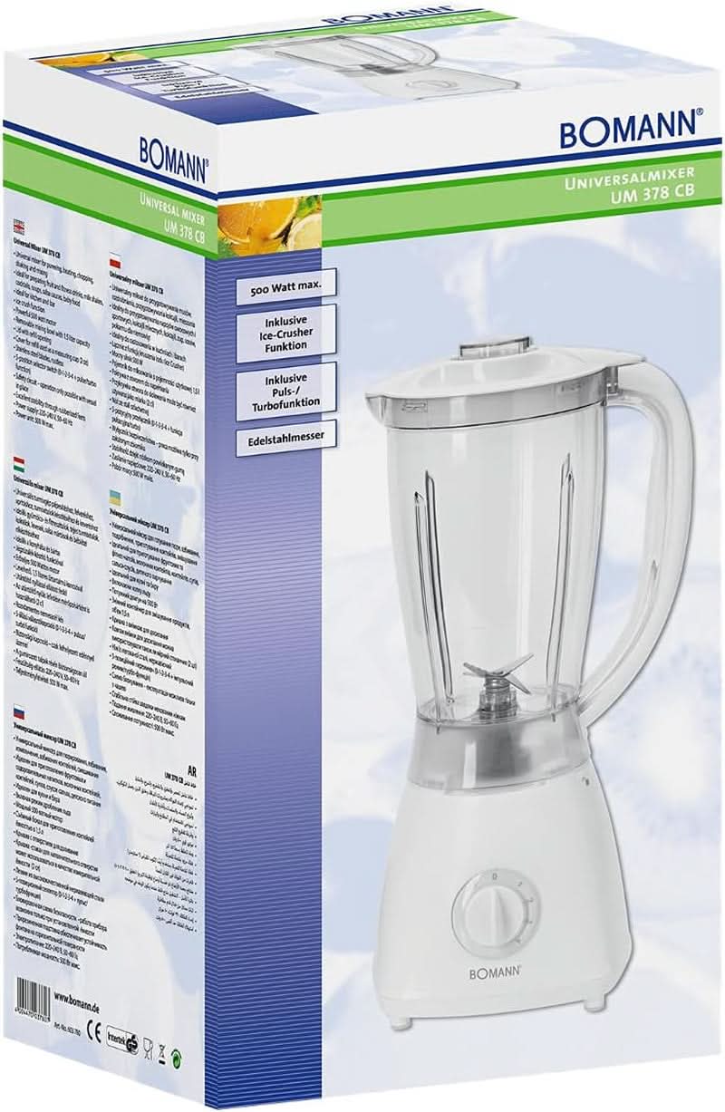 Bomann 378 CB Universalmixer Zum Pürieren, Schlagen, Zerkleinern, Shaken Und Mixen, Ice Crush-Funktion, Kraftvoller 500 Watt-Motor, Abnehmbarer Mixbehälter Mit 1,5 Liter, Edelstahlmesser, Weiß, UM 378 CB Kitchen Naty Shop