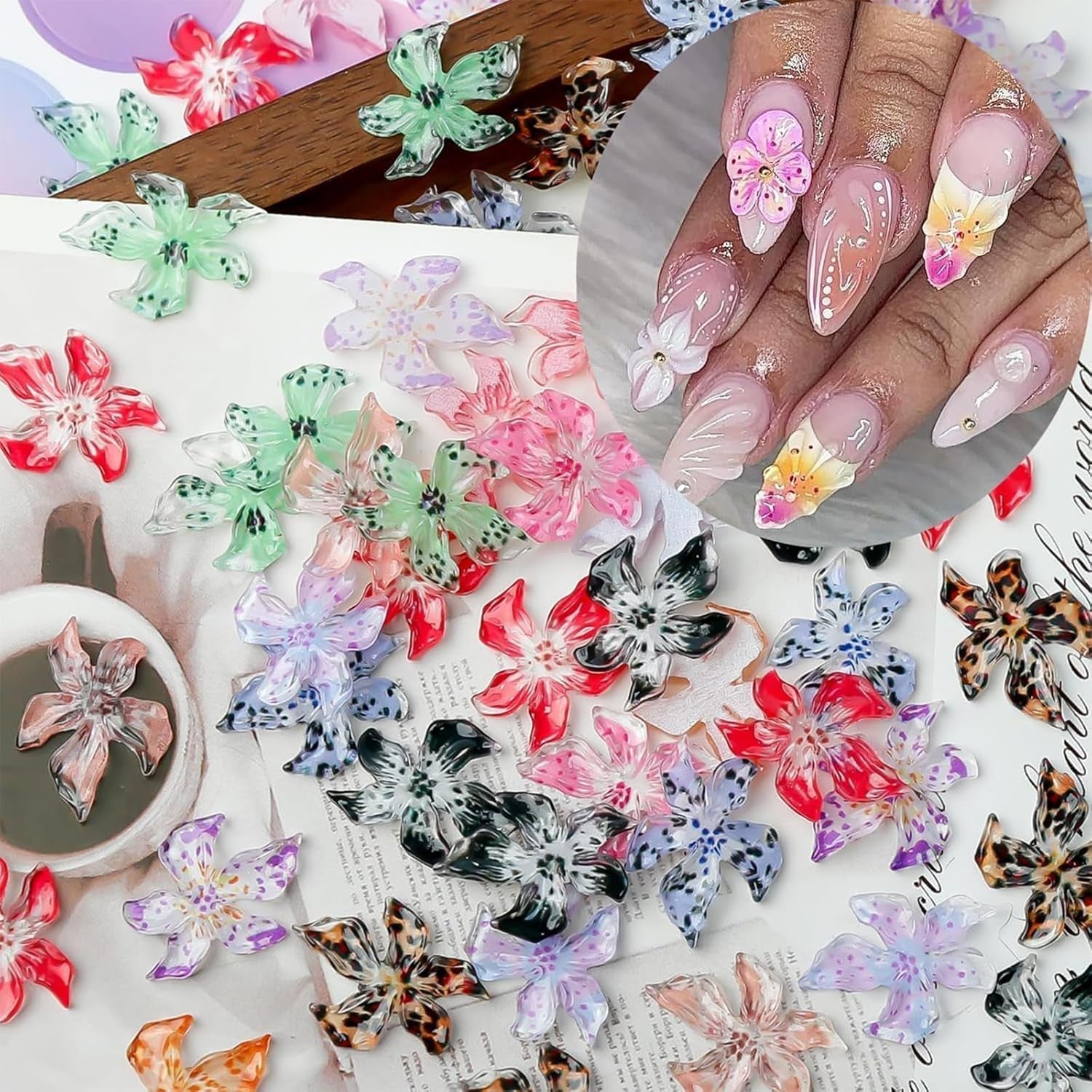 50 de bucăți de pandantive pentru unghii cu flori 3D, artă pentru unghii cu gel 3D, pandantive pentru unghii, bijuterii colorate de vară, accesorii pentru unghii DIY, cristale flori de hibiscus în relief, artă pentru unghii cu gradient pentru femei