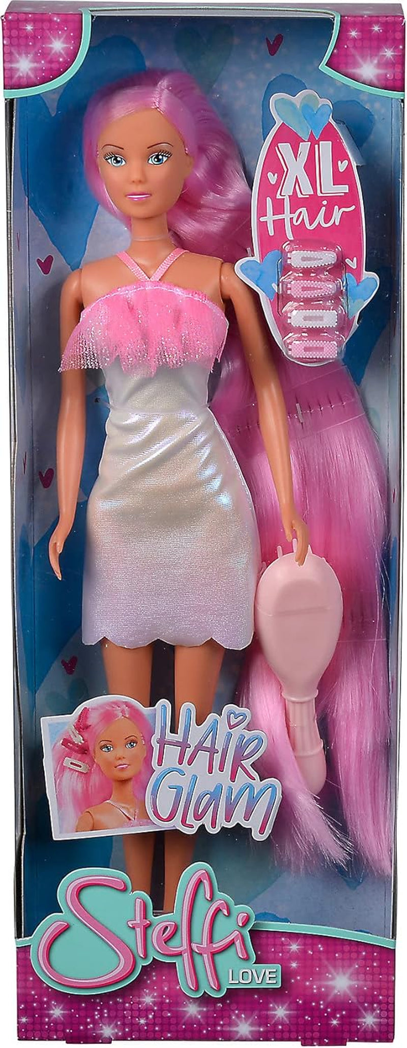 Simba 105733504 - Steffi Love Hair Glam, Puppe im Glitzerkleid mit extra Langen Haaren, Haarclips und Bürste, 29cm, Für Kinder ab 3 Jahren