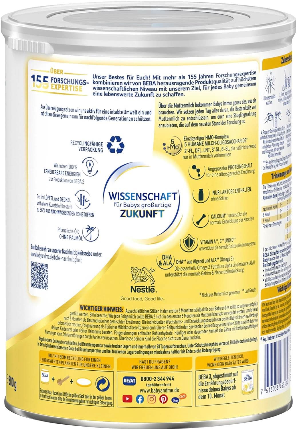 Nestle BEBA 2 Folgemilchpulver nach 6 Monaten, mit Komplex 5 HMO, nur Laktose, ohne Palmöl, 3er Pack (3 X 800G) Mutter und Kind Naty Shop