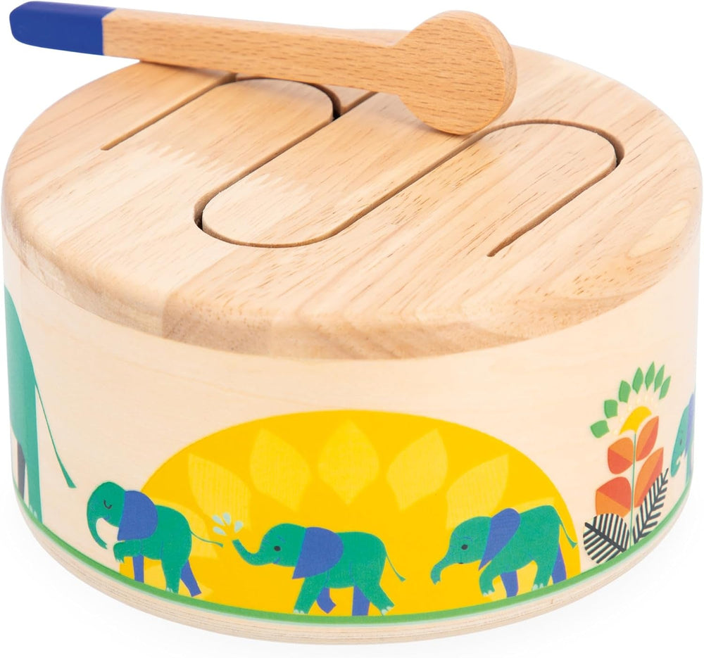 Janod - Tobă Gioia - Tobă din lemn FSC + tobă - Joc de rol și educație muzicală timpurie - Acuarelă - De la 18 luni, J07650 Jucarii Bebe Naty Shop