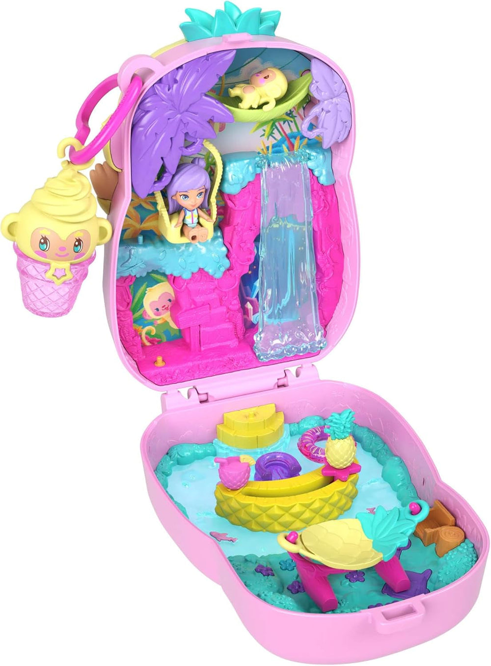 Polly Pocket Puppen und Spielset, Ananas-Äffchen-Schatulle, Reisespielzeug mit 1 Mikropuppe, Haustier, Hängematte und Zubehörteilen mit Obstmotiven, JKC49