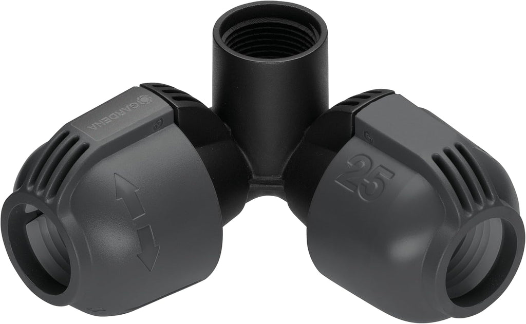 Sistem de irigații Gardena, piesă în L: Conector pentru schimbarea direcției conductei de alimentare, 25 mm, tehnologie de conectare Quick&Easy, compatibil cu conductele de alimentare Gardena de 25 mm, asamblare fără unelte (2773-20)