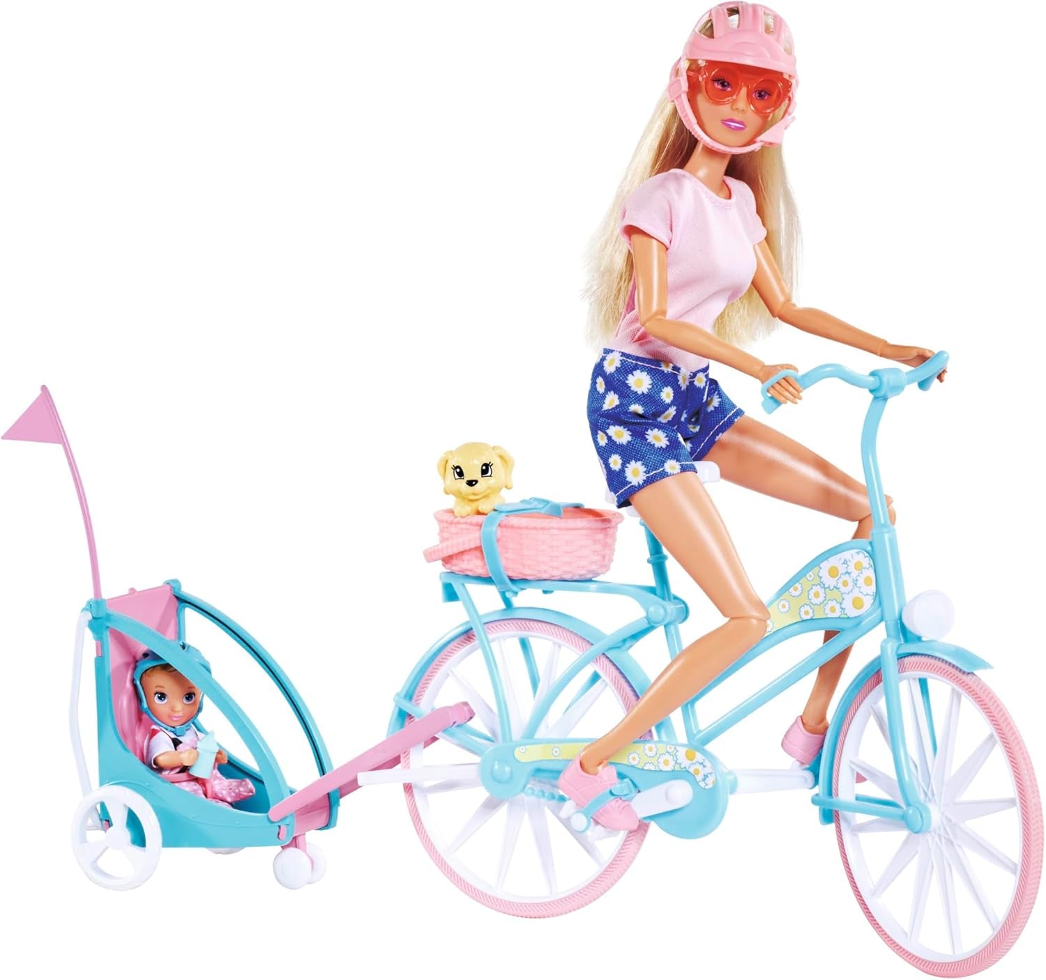 Remorcă pentru bicicletă Steffi Love, păpușă pe bicicletă cu remorcă pentru bebeluș, câine și căști, de la 3 ani în sus