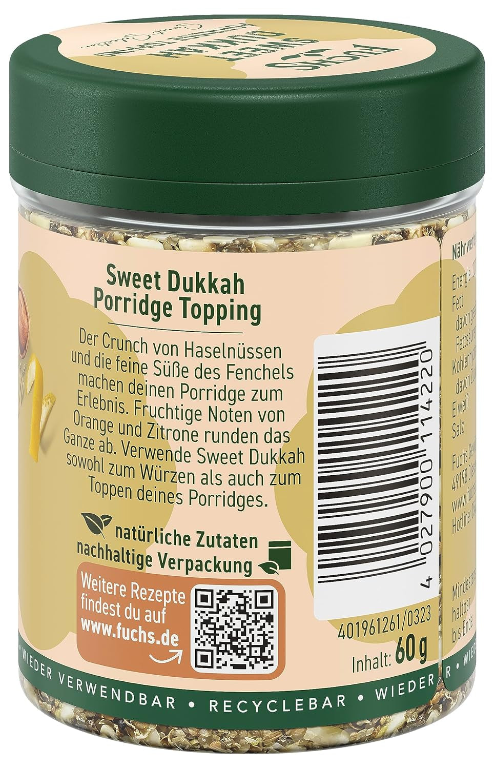 Fuchs Gewürze - Porridge Topping "Sweet Dukkah" - crunchy Topping mit Haselnuss, Sesam und Mandeln für Oat-Meals - aus natürlichen Zutaten - 60 g in wiederverwendbarer, recyclebarer Dose
