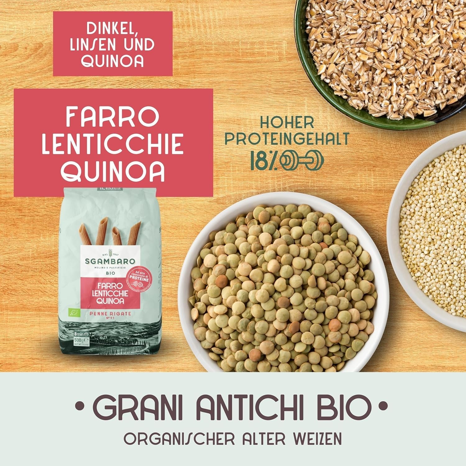 Paste Penne Rigate Organice N.91 - 500g cu făină de spelta, făină de linte și făină de quinoa – Bogate în proteine, sursă de fibre și proteine