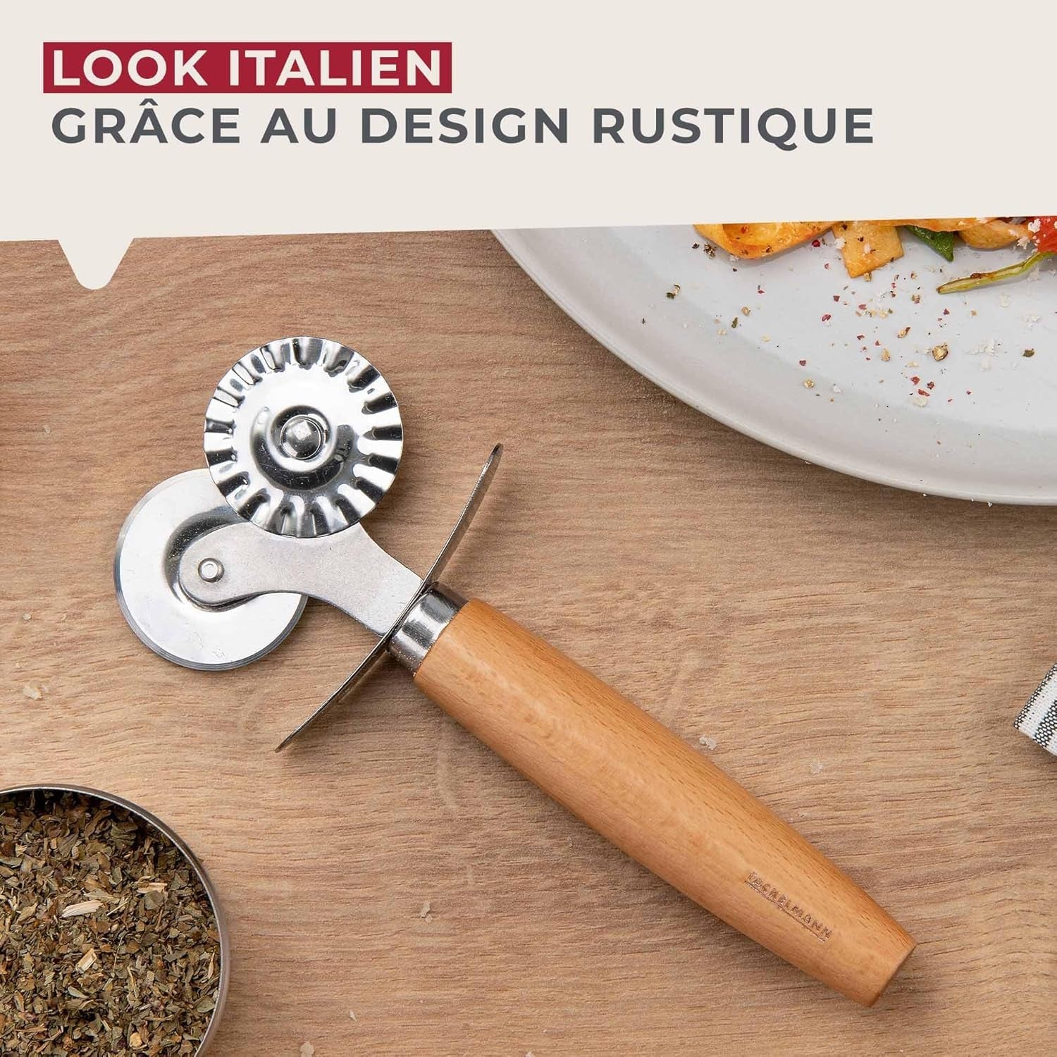 Roată de patiserie Fackelmann pentru ravioli, Maultaschen sau fursecuri – roată de patiserie din oțel inoxidabil cu aliaj de zinc – pentru paste de casă – mâner ergonomic din lemn de fag