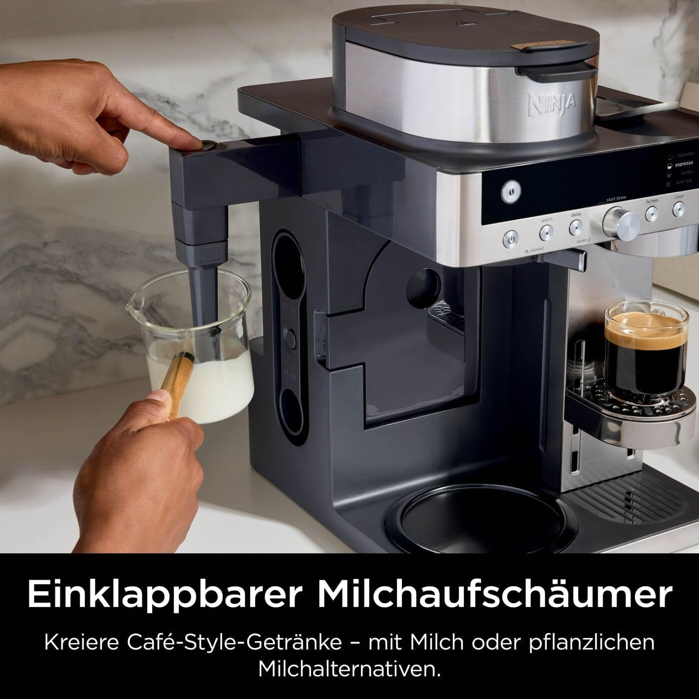 Ninja Prestige Cafetiera Filtrantă 2 în 1 cu Capsule și Spumator de Lapte Integrat, pentru Latte, Cafea cu gheață și Flat White, Negru CFN802EU