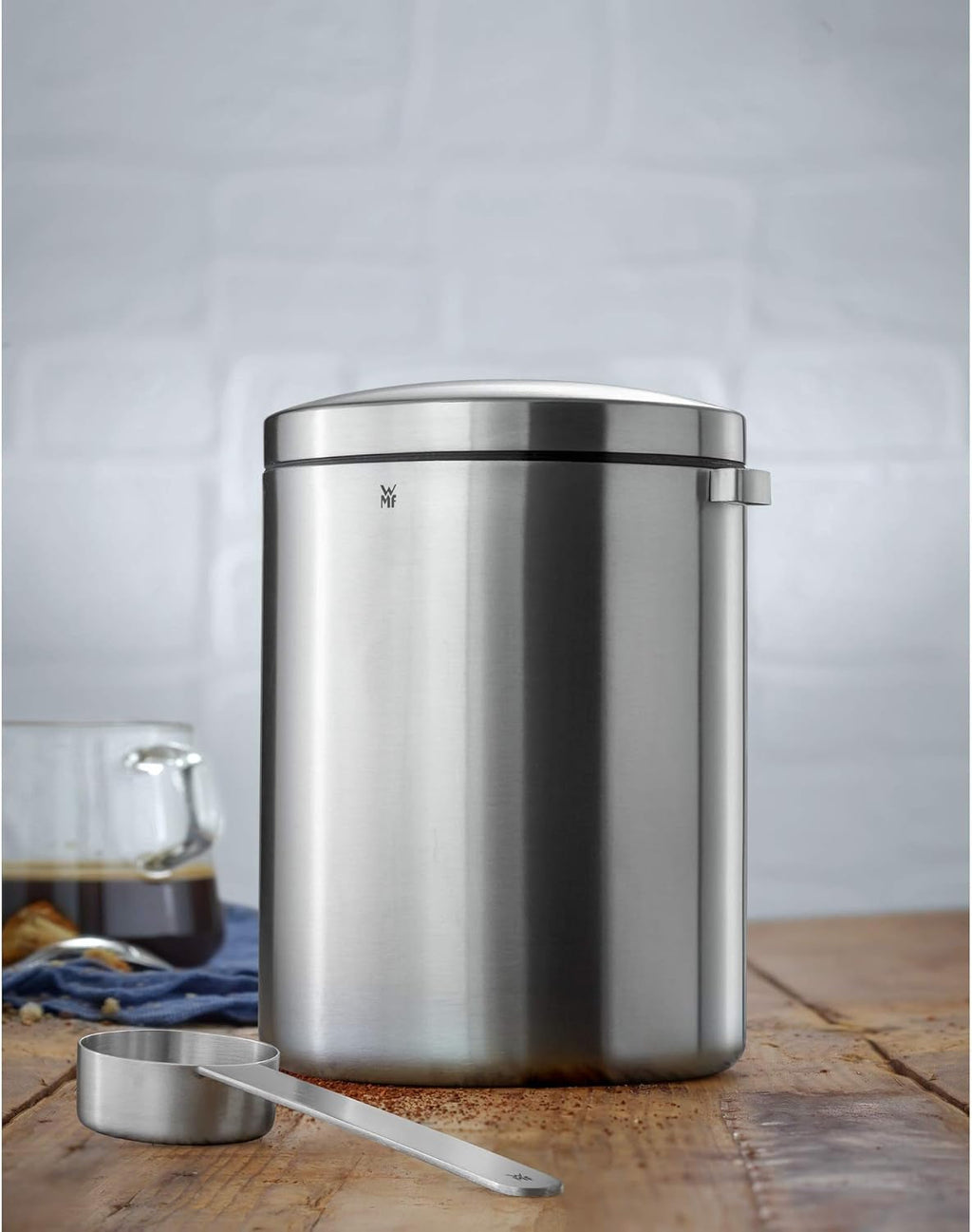 WMF cutie de cafea cu lingură de cafea Kult Cromargan din oțel inoxidabil cu finisaj mat 500g și borcan de depozitare 1 litru din sticlă Depot lavabil în mașina de spălat vase Cutii depozitare alimente Naty Shop
