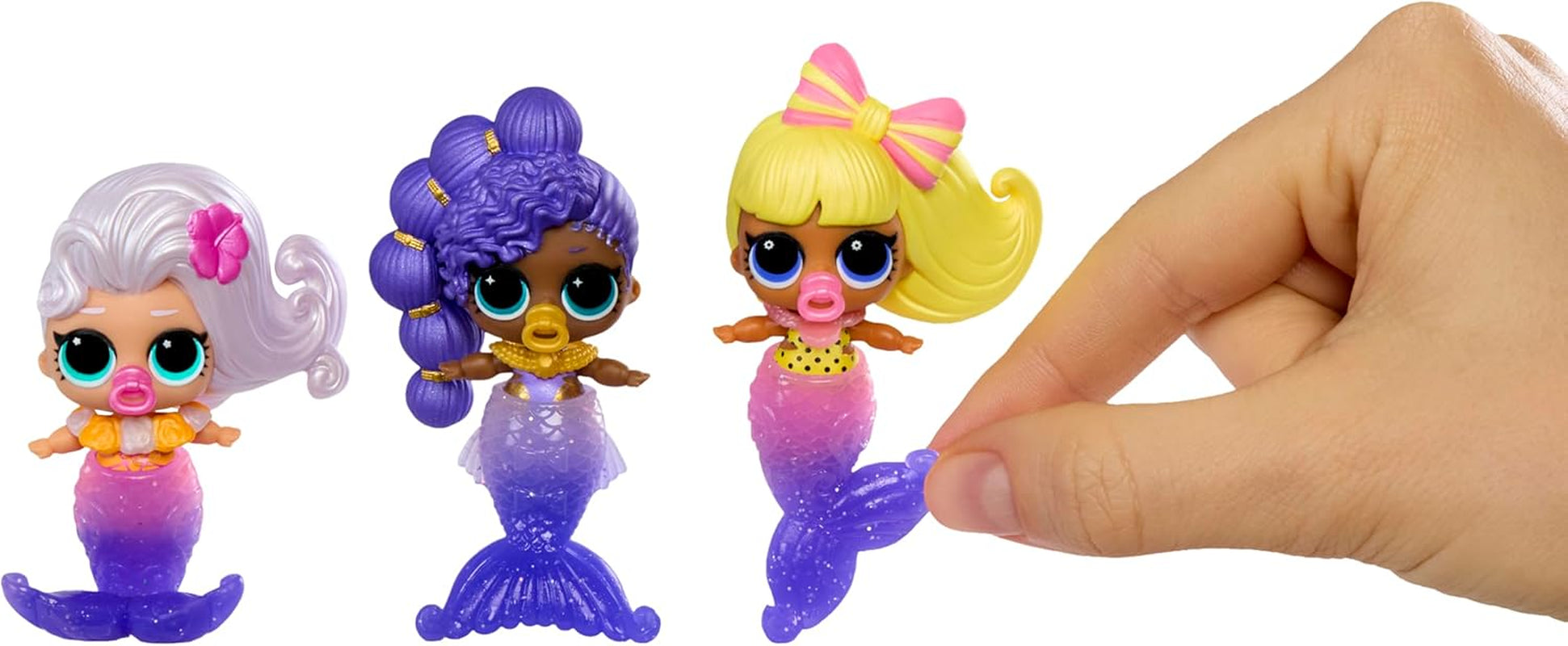 LOL Surprise! Sirene Makeover Magic Baby Sisters – Coadă de sirenă care își schimbă culoarea cu bilă de scoică pentru expunere, 6 păpuși de colecție – vârste 4+
