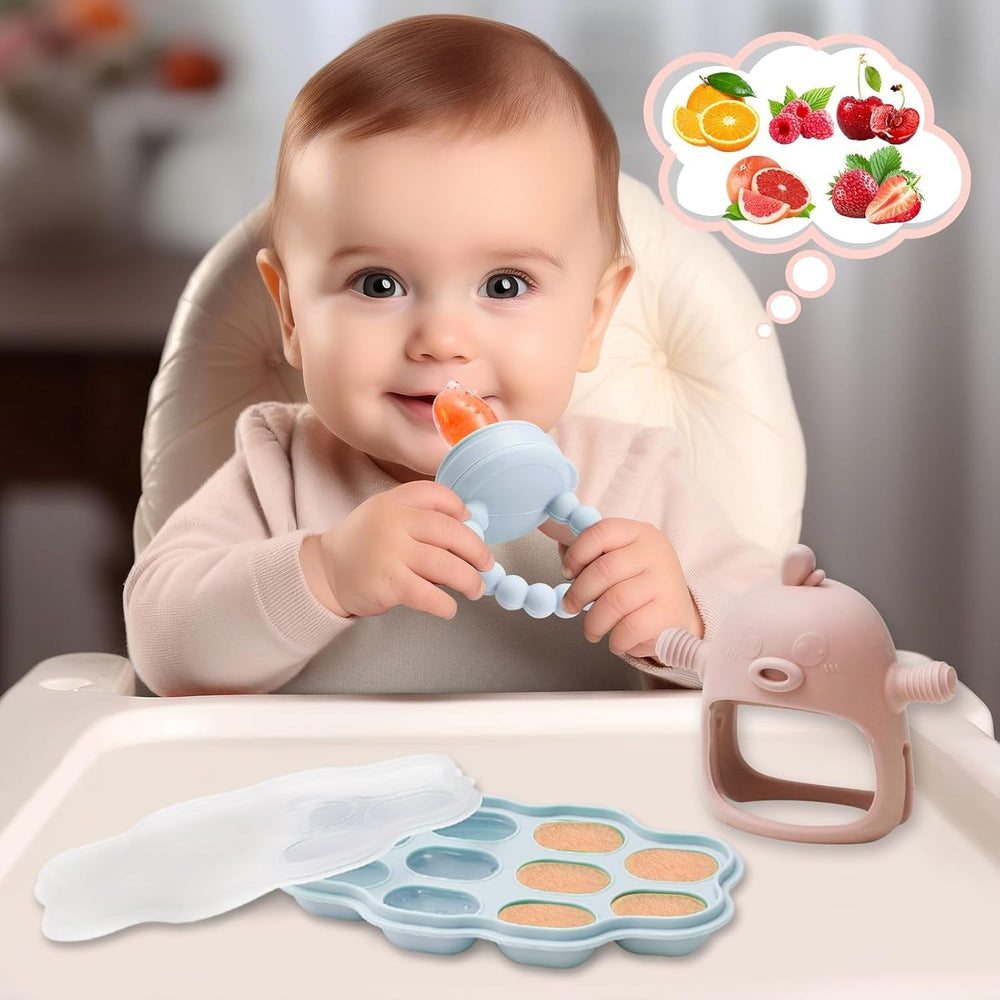 Hrănitor cu lapte matern pentru bebeluși, alimentator cu fructe, conține 2 hrănitoare cu fructe din silicon, depozitare a hranei pentru bebeluși, jucărie pentru bebeluși care erupe dentiția, 5 tetine din silicon în 3 dimensiuni, fără BPA (albastru și roz)