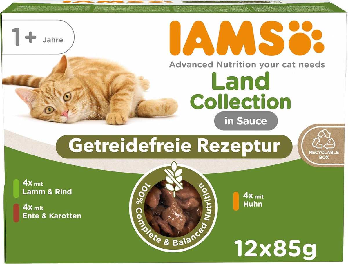 IAMS Delights Land Collection Hrană umedă pentru pisici fără cereale - Pachet multiplu cu varietăți de carne în sos, hrană umedă fără cereale pentru pisici de la 1 an, 12 x 85 g
