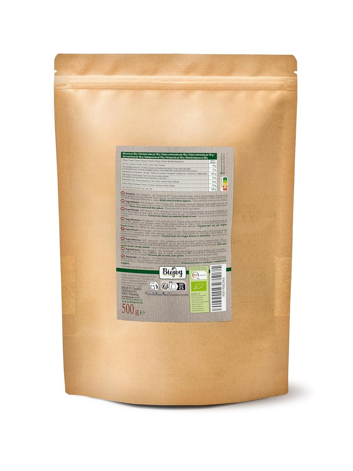 Biojoy chipsuri de banane ecologice (500 g), uscate și nesulfurate Produse deshidratate Naty Shop
