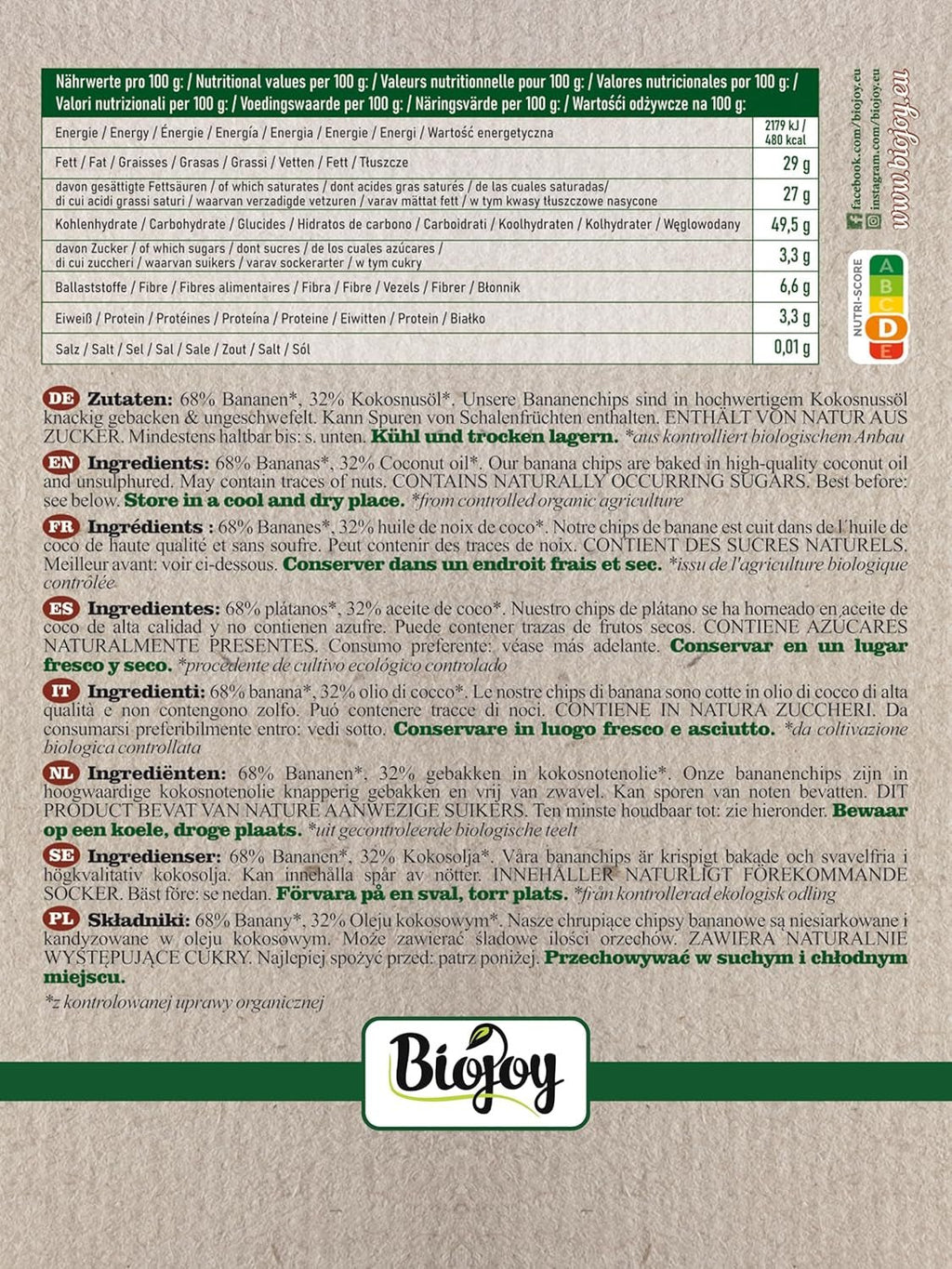 Biojoy chipsuri de banane ecologice (500 g), uscate și nesulfurate Produse deshidratate Naty Shop