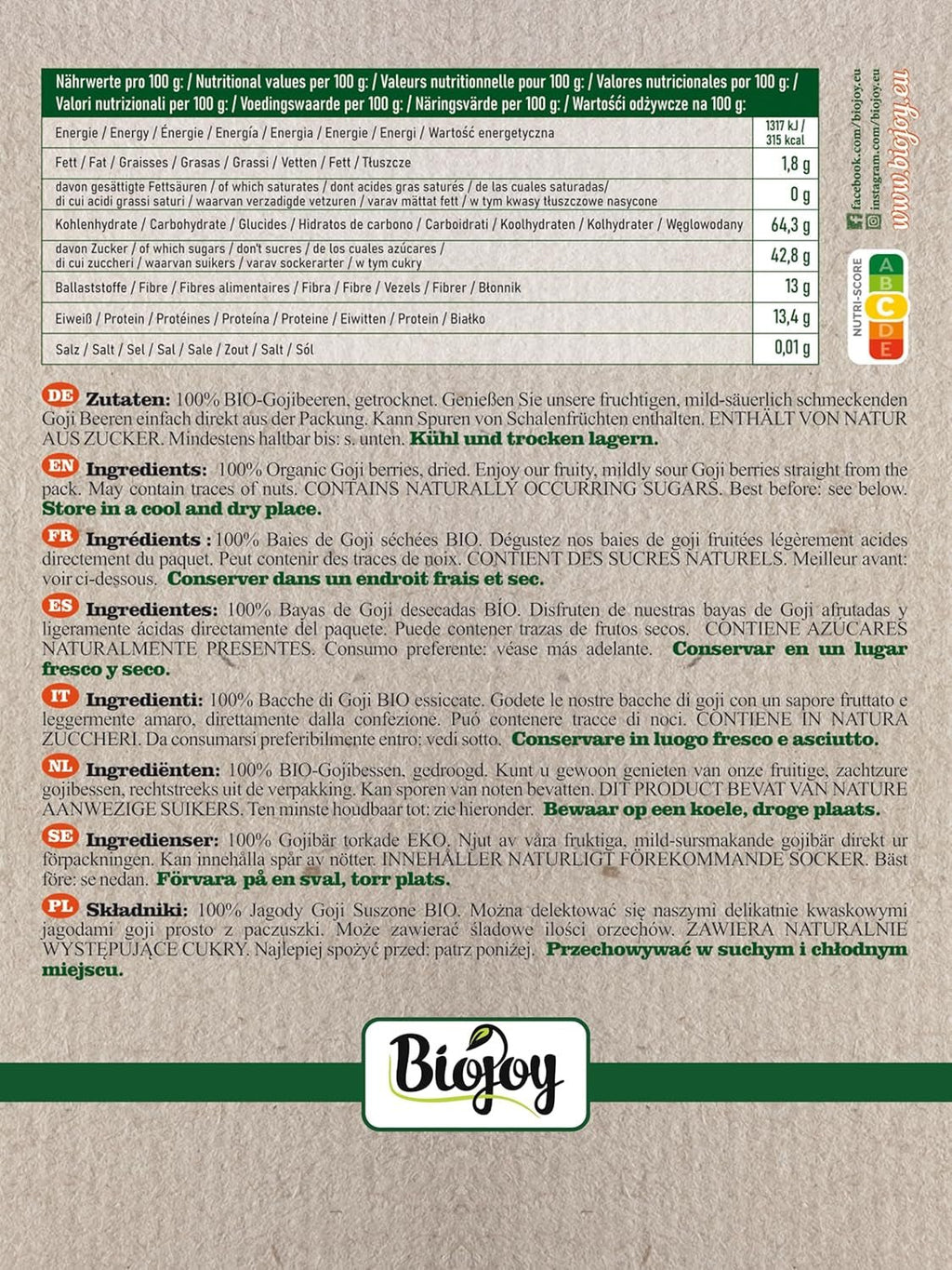 Biojoy fructe de goji bio uscate (1 kg), fructe de lup întregi și nesulfurate Produse deshidratate Naty Shop