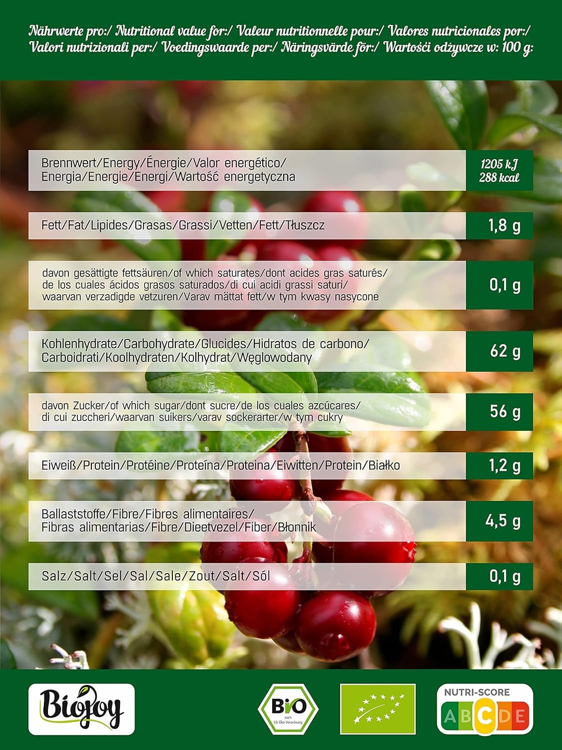 Biojoy merișoare organice uscate (1 kg), merișoare îndulcite cu sirop de mere Produse deshidratate Naty Shop