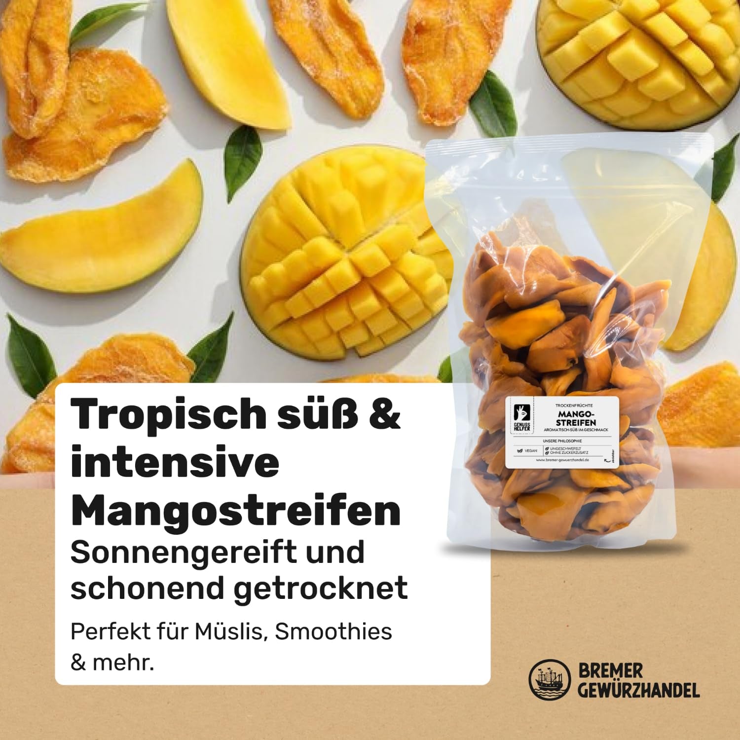 Bremer Gewürzhandel mango, fâșii de mango uscate, nesulfurate, fără zahăr adăugat, 1kg Produse deshidratate Naty Shop