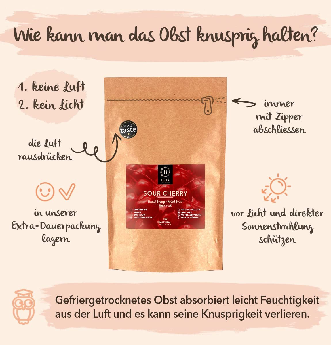 BRIX Cireșe amare liofilizate | Cireșe naturale uscate 105g | Great Taste Award Fructe uscate, Cireșe amare uscate | Fără OMG Fără gluten Vegan Vitaminele sunt conservate Produse deshidratate Naty Shop