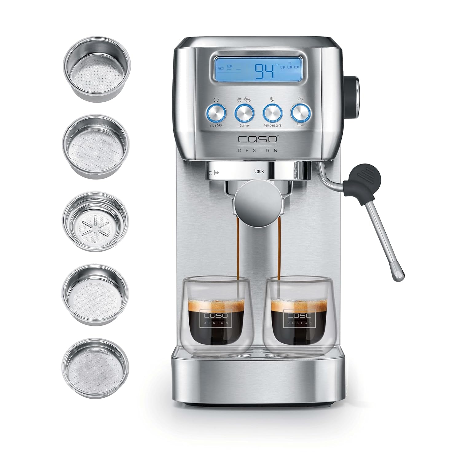 CASO EspressoGourmet Crema - Espressor portafiltru cu spumator de lapte, espresso, cappuccino, portafiltru din oțel inoxidabil, pompă ULKA 20 bar, aparat de cafea, cafea măcinată, capsule ESE
